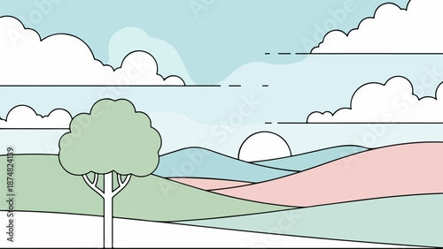 Illustration of a solitary tree with rolling hills and a light blue sky