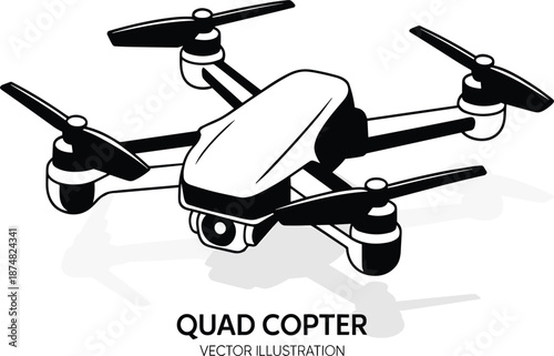 Professional Quadcopter Drone Vector Illustration Featuring High Definition Camera For Aerial Photography And Video Surveillance.
