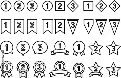 Collection of Ranking Numbers 1, 2, and 3 in Various Shapes