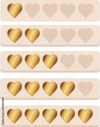 set of quality rating systems from one to five with hearts with a gold gradient, for websites, mobile applications, e-commerce, UI and UX design