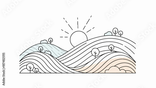 Minimalist line art illustration of a tranquil natural landscape with rolling hills, stylized trees, and a radiant sun
