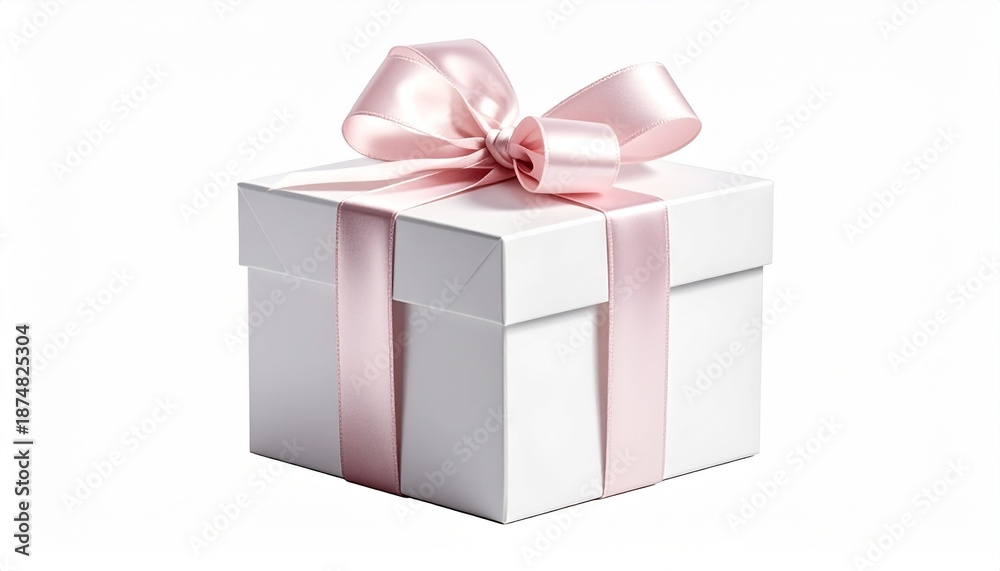 Fototapeta premium Elegant White Gift Box with Pink Ribbon and Bow, Perfect for Special Occasions and Celebrations.