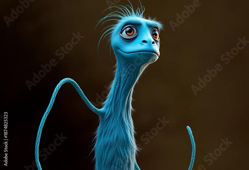 A tall, lanky, blue monster with long, noodle-like arms and a single, blinking eye, looking surprised,  long arms,  shocked