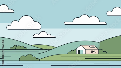 Countryside landscape illustration with a spa building and serene body of water