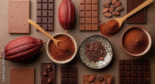 A Delicious Variety of Chocolate Products and Cocoa Beans Artfully Arranged on a Textured Surface