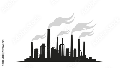 Industrial skyline with multiple smokestacks emitting plumes of gray smoke