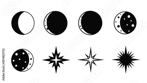 Lunar phases and celestial symbols illustrated in a simple black and white design