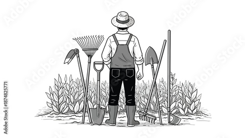 A farmer stands with gardening tools amidst a flourishing garden scene