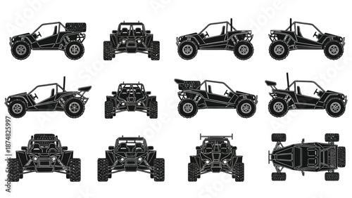 Detailed illustrations of off road buggies in various perspectives and configurations