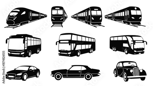 Black silhouette illustrations depicting various modes of transportation trains buses and cars