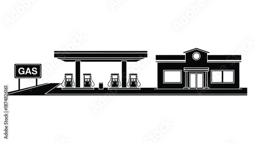 Black and white illustration of a gas station with a convenience store