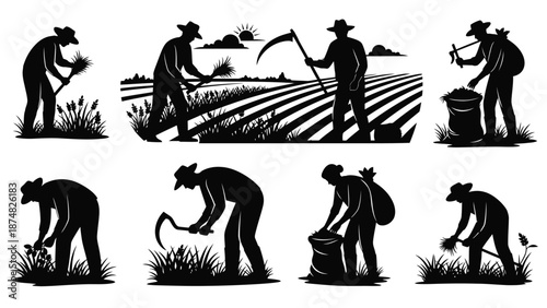 Vintage farmworkers silhouettes depict various agricultural labors in a rural setting