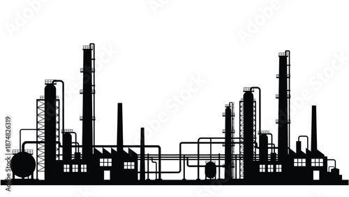 Industrial refinery complex silhouette against a clean white background
