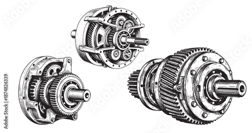 Wind turbine gearbox engraving illustration for renewable energy engineering