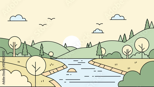Serene river meandering through a verdant pastoral landscape with rolling hills and scattered trees