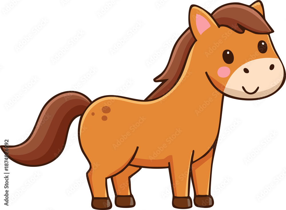 Obraz premium Cute cartoon horse character, standing pose, smiling happily, simple flat design, clean outline, pastel colors, minimal details, white background, kawaii style, vector illustration, character centered
