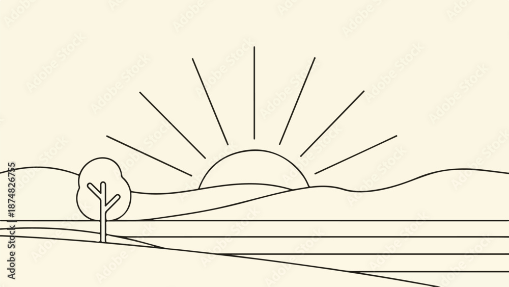 Fototapeta premium Minimalist black and white line drawing of a solitary tree with rolling hills and a sunrise or sunset