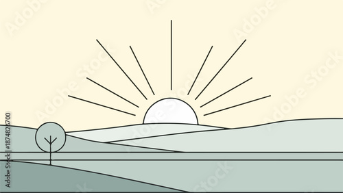 Minimalist landscape illustration of a serene sunrise or sunset over a tranquil body of water with a solitary tree and rolling hills