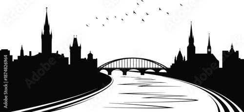 Silhouette of an old European city skyline with cathedrals, historic bridge, and a winding river under flying birds, classic monochrome vector illustration,