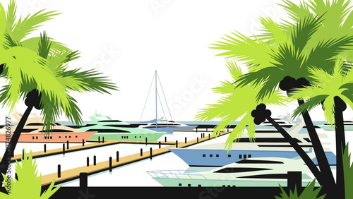 Tropical Marina with Palm Trees and Yacht.