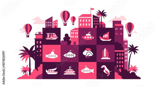 Dubai cityscape icons set UAE landmarks pink magenta.