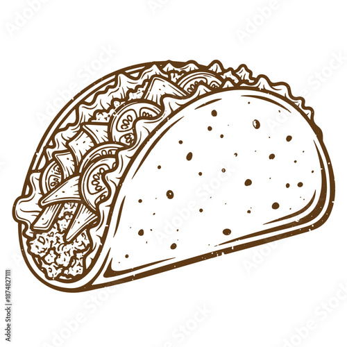 Drawing Vintage A delicious taco with various toppings and fillings inside a tortilla shell