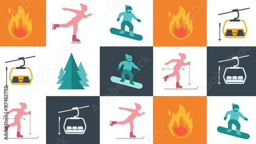 Skiing icons set with snowboarder and ski lift.