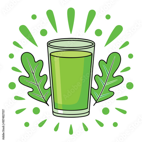 Glass of vibrant green smoothie with fresh leaves and radiating energy