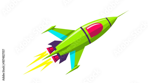 green rocket flying upwards with flames.
