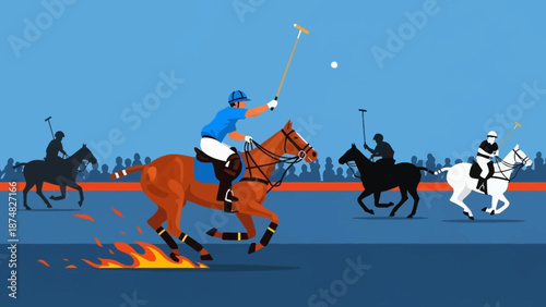 Polo player on horseback hitting ball.