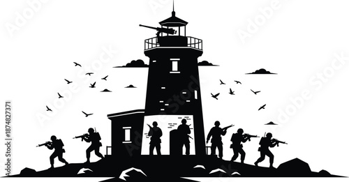 Silhouette of military soldiers with rifles guarding a lighthouse on a rocky shore during a tactical combat mission, army vector illustration scene,