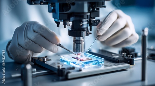 Professional troubleshooting of device microchip under microscope with precision tools in laboratory environment showing detailed electronic component analysis