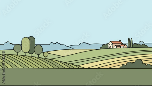 Rural countryside landscape illustration with rolling hills, cultivated fields, and a small house with a red roof