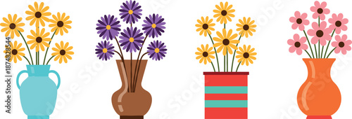 Set of four colorful floral vector illustrations with yellow purple and pink blossoms in decorative vases and pots