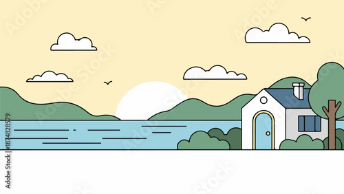 Tranquil lakeside scene with a white house and rolling green hills under a golden sky