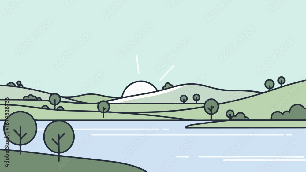 Obraz premium Countryside landscape illustration with two prominent trees, rolling hills, and distant horizon