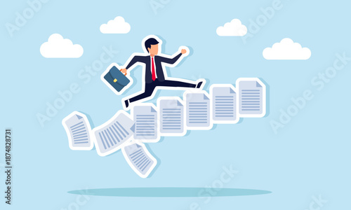 Businessman jumping over paperwork forming a staircase illustration of progress in completing business project tasks