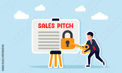Businessman holding a key aiming to unlock a padlock on a sales pitch board illustration of effort to find the right sales strategy