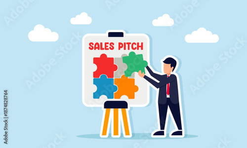 Businessman placing a puzzle piece to complete a board labeled sales pitch illustration of strategy planning and structured approach in sales presentation