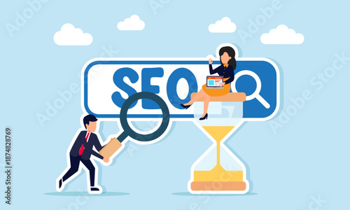 Businessman using magnifier to analyze SEO search engine while businesswoman works on laptop over hourglass illustration of teamwork building company SEO performance