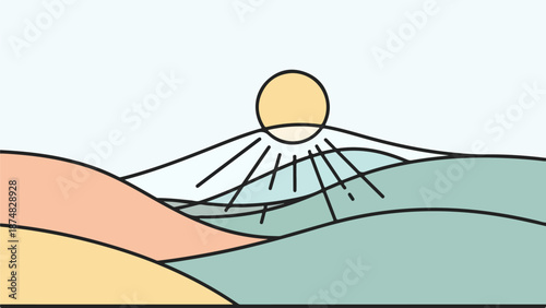 Serene landscape illustration with rolling hills and reflective water at dawn or dusk