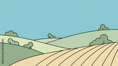 Illustration of a tranquil countryside landscape with rolling hills and a clear blue sky