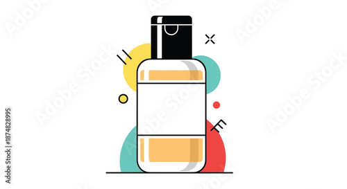 Graphic illustration of a cosmetic bottle for hair or skin care products surrounded by colorful abstract circles and geometric shapes.