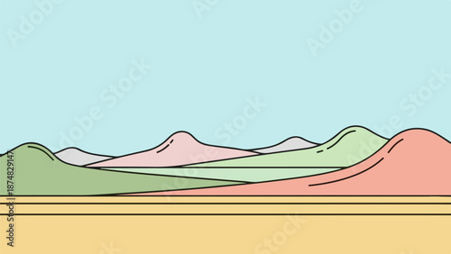 Stylized cartoon landscape with rolling hills and mountains in pastel colors