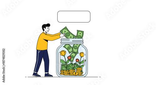 Man putting dollar bills into a savings jar where plants and coins are growing to symbolize smart financial investment and wealth creation.