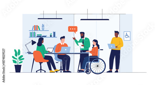 Diverse team of professionals working in a modern office environment that promotes inclusivity and accessibility for all employees.