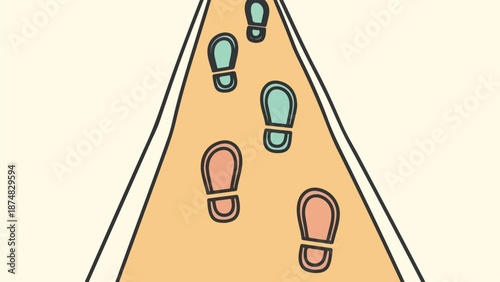Minimalist illustration of an orange path with blue and pink footprints