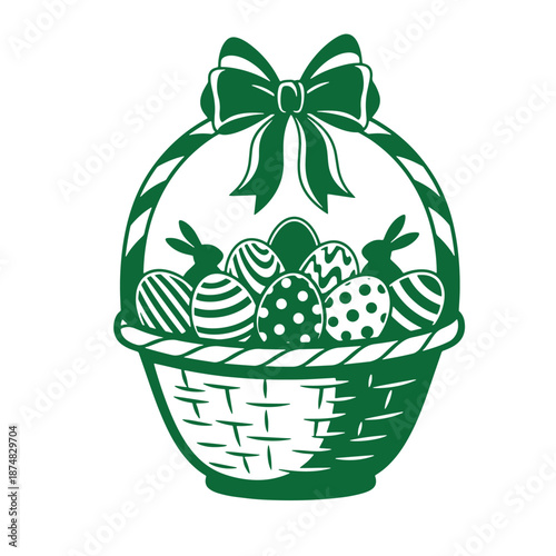 Green illustration of a wicker basket filled with decorated Easter eggs and topped with a bow  traditional holiday symbol