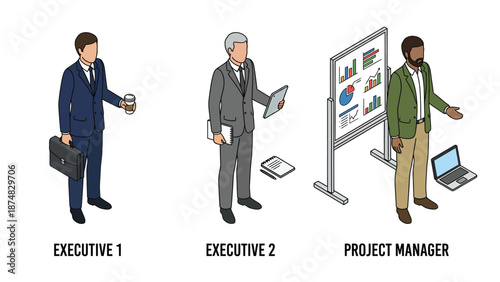Isometric Business Executives and Project Manager Team Illustration with Office Tools and Data Presentation