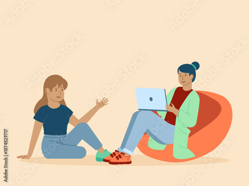 Two people interacting while one uses a laptop. Busy People illustration. Flat vector concept.